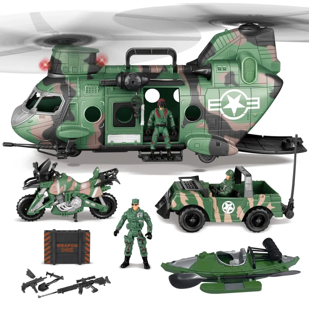 JOYIN 10-in-1 Military Helicopter Toys Set with Light, Sound, Trucks, Boat, Bike, Army Men, Weapons - Christmas Birthday Party Gifts for Kids JOYIN 10-in-1 Military Helicopter Toys Set with Light, Sound, Trucks, Boat, Bike, Army Men, Weapons - Christmas Birthday Party Gifts for Kids