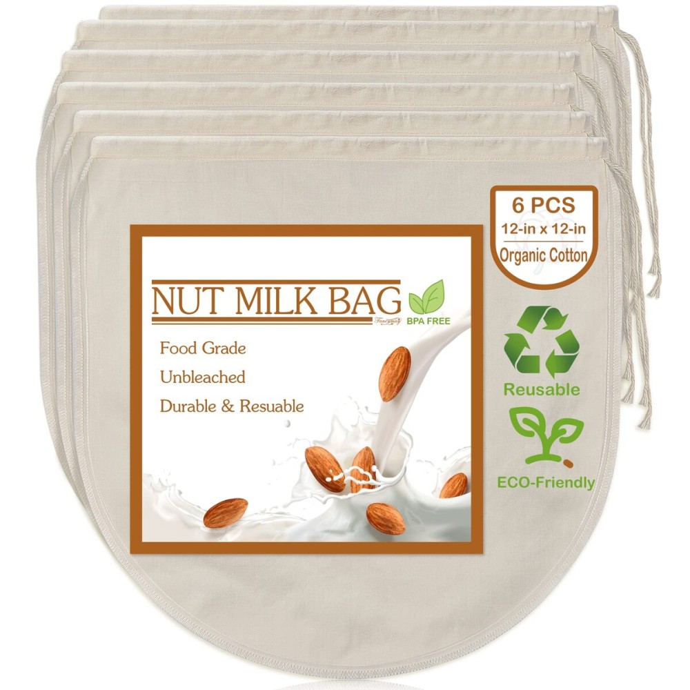 6 PCS 12x12 Nut Milk Bags - 100% Unbleached Cotton Cheesecloth, Reusable Food Strainer Colander For Straining Almond/Oat Milk, Celery Juice, Cold Brew Coffee, Yogurt and Cheese Making 6 PCS 12x12 Nut Milk Bags - 100% Unbleached Cotton Cheesecloth, Reusable Food Strainer Colander For Straining Almond/Oat Milk, Celery Juice, Cold Brew Coffee, Yogurt and Cheese Making