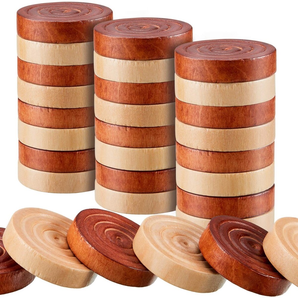 72 Pieces Wood Checkers 1.06 Inch Wooden Checkers Pieces Set with Stackable Ridge in Drawstring Storage Pouch for Board Game, Dark Brown and Natural