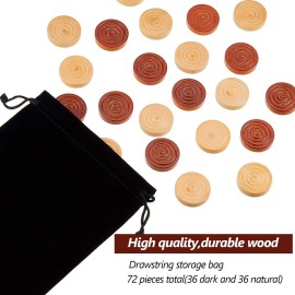 72 Pieces Wood Checkers 1.06 Inch Wooden Checkers Pieces Set with Stackable Ridge in Drawstring Storage Pouch for Board Game, Dark Brown and Natural
