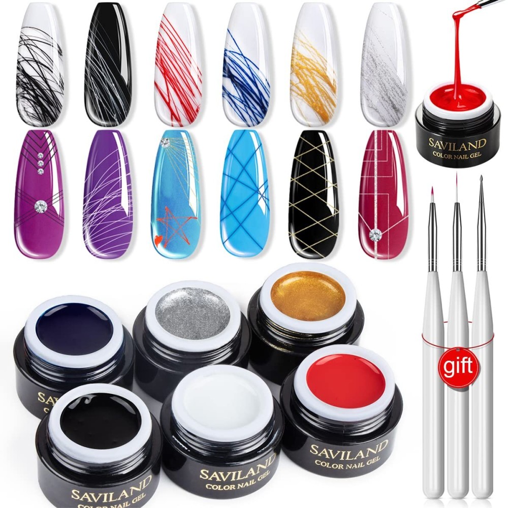 SAVILAND 6 Colors Spider Gel, New Upgraded Matrices Spider Gel with Nail Art Brushes, Nail Designs Paint Wire Drawing Gels Polish for Line (White Black Red Blue Gold Silver) SAVILAND 6 Colors Spider Gel, New Upgraded Matrices Spider Gel with Nail Art Brushes, Nail Designs Paint Wire Drawing Gels Polish for Line (White Black Red Blue Gold Silver)