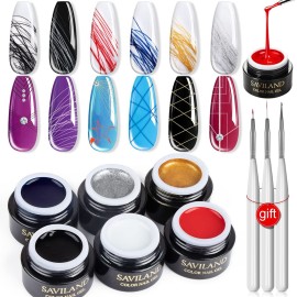 SAVILAND 6 Colors Spider Gel, New Upgraded Matrices Spider Gel with Nail Art Brushes, Nail Designs Paint Wire Drawing Gels Polish for Line (White Black Red Blue Gold Silver)