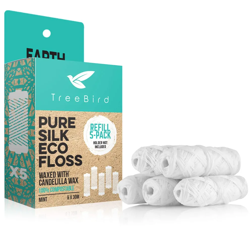 Compostable Dental Floss Refills | Pack of 5 x 33yds Organic Peace Silk Spools | For a Refillable Glass & Stainless Steel Holder | Waxed With Natural Candelilla Wax | Flavored With Mint Essential Oils Compostable Dental Floss Refills | Pack of 5 x 33yds Organic Peace Silk Spools | For a Refillable Glass & Stainless Steel Holder | Waxed With Natural Candelilla Wax | Flavored With Mint Essential Oils