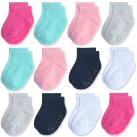 JAKIDAR 12 Pair Baby Toddler Socks Non-Slip Grip Cotton Ankle Socks for Boys Girls Non Skid Soles for Infants Kids, Assorted Girl, 12-24 Months