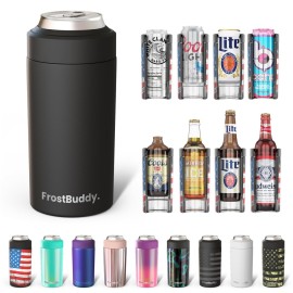 Frost Buddy Universal Can Cooler - Fits All - For Regular 12 & 16 oz or Slim-Size Bottles - Insulated Double-Walled Stainless Steel (MatteBlack)