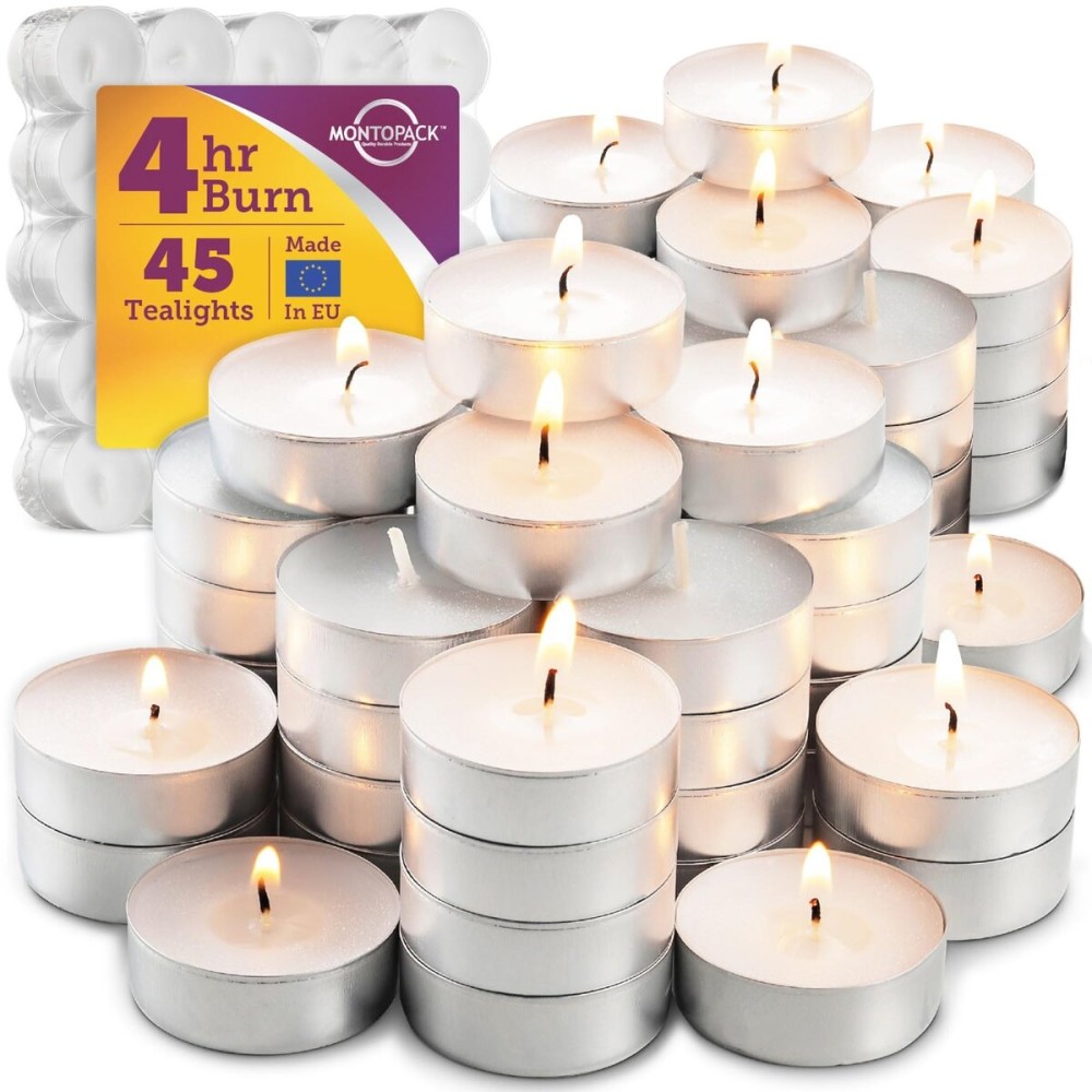 MontoPack Unscented Tea Light Candles 45 Pack | 4 Hours, White, Smokeless, Dripless Small Votive Paraffin Tealights | Long-Lasting for Home, Shabbat, Weddings, Events, Emergencies | Mini Candles Bulk MontoPack Unscented Tea Light Candles 45 Pack | 4 Hours, White, Smokeless, Dripless Small Votive Paraffin Tealights | Long-Lasting for Home, Shabbat, Weddings, Events, Emergencies | Mini Candles Bulk