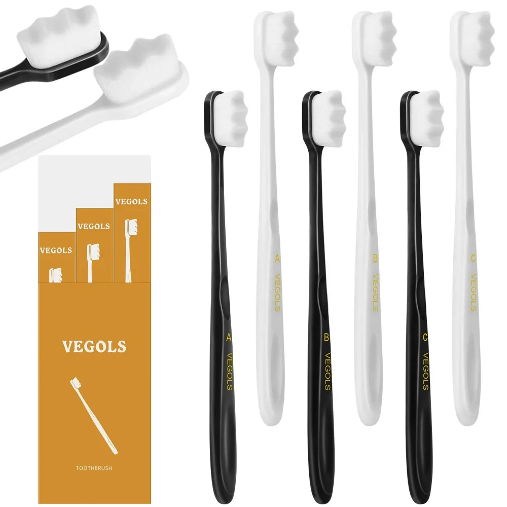 VEGOLS Adult Extra Soft Toothbrush with 20000 Soft Bristles, (Pack of 6) Micro Nano Manual Toothbrushes for Protect Sensitive Gums, Black/White VEGOLS Adult Extra Soft Toothbrush with 20000 Soft Bristles, (Pack of 6) Micro Nano Manual Toothbrushes for Protect Sensitive Gums, Black/White