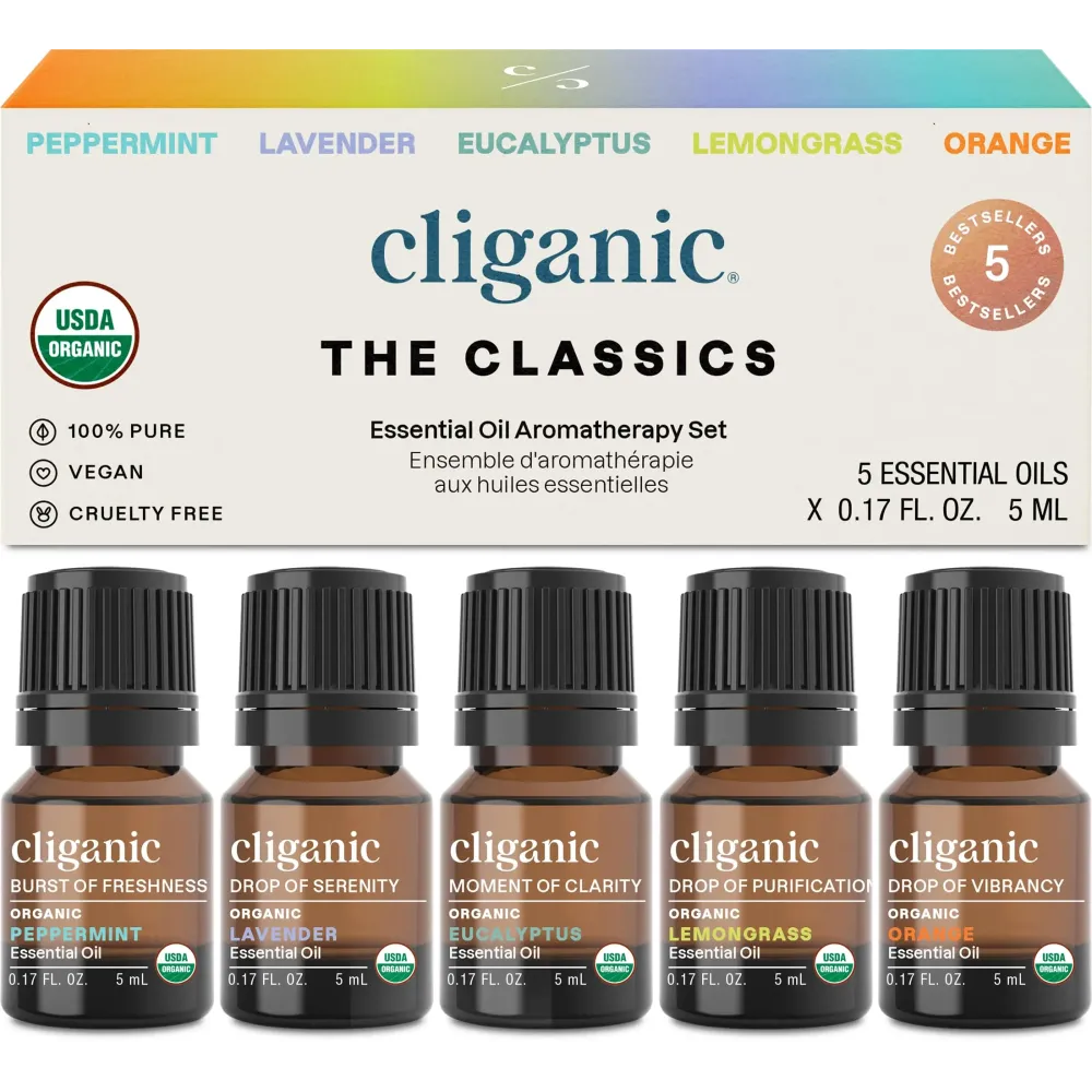 Cliganic Organic Essential Oils Set (Top 5 - The Classics) - 100% Pure Natural - Aromatherapy, Candle Making - Peppermint, Lavender, Eucalyptus, Lemongrass & Orange (Packaging May Vary) Cliganic Organic Essential Oils Set (Top 5 - The Classics) - 100% Pure Natural - Aromatherapy, Candle Making - Peppermint, Lavender, Eucalyptus, Lemongrass & Orange (Packaging May Vary)