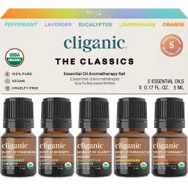 Cliganic Organic Essential Oils Set (Top 5 - The Classics) - 100% Pure Natural - Aromatherapy, Candle Making - Peppermint, Lavender, Eucalyptus, Lemongrass & Orange (Packaging May Vary)