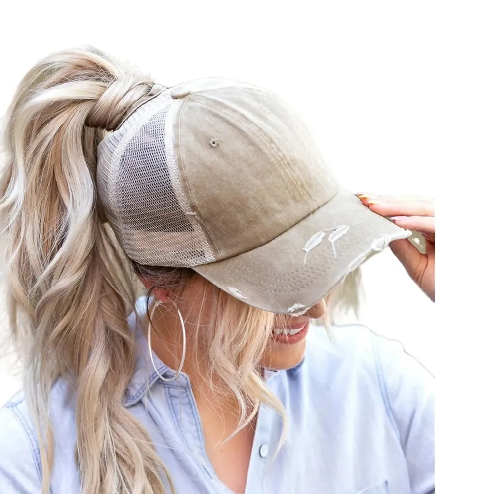 ProMindFun Womens Ponytail High Messy Bun Hats Distressed Baseball Caps Unconstructed Washed Dad Hat Girls Trucker Ponycaps (03-Light Khaki) ProMindFun Womens Ponytail High Messy Bun Hats Distressed Baseball Caps Unconstructed Washed Dad Hat Girls Trucker Ponycaps (03-Light Khaki)
