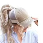 ProMindFun Womens Ponytail High Messy Bun Hats Distressed Baseball Caps Unconstructed Washed Dad Hat Girls Trucker Ponycaps (03-Light Khaki)