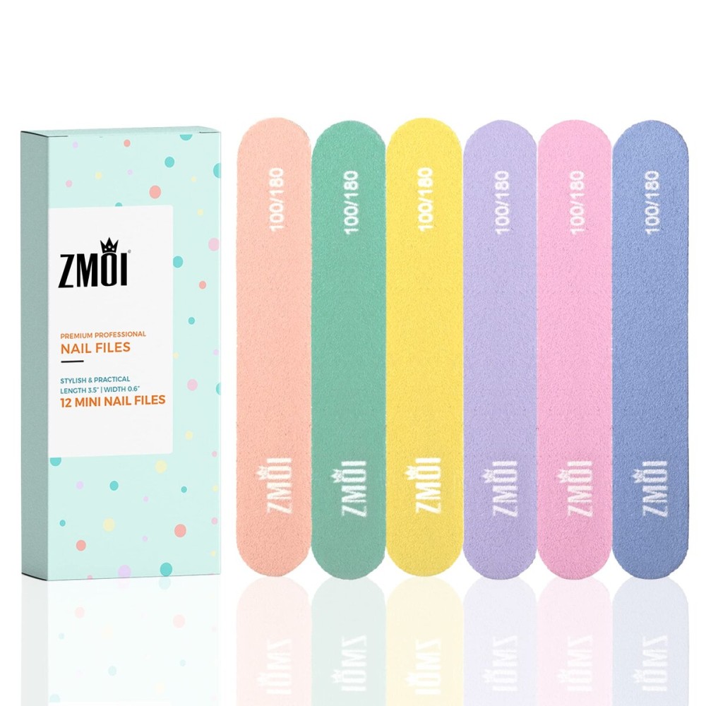 ZMOI Professional Mini Nail File - 12 Stylish - Practical Fingernail File Pack for Natural and Acrylic Nails 100/180 Emery Boards (Macaroon Color)