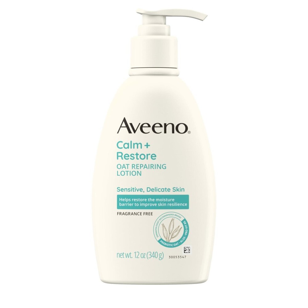 Aveeno Calm + Restore Oat Repairing Body Lotion for Sensitive Skin, Daily Moisturizer with Prebiotic Oat, Aloe & Pro-Vitamin B5 Helps Restore Skin\'s Moisture Barrier, Fragrance Free, 12 oz Aveeno Calm + Restore Oat Repairing Body Lotion for Sensitive Skin, Daily Moisturizer with Prebiotic Oat, Aloe & Pro-Vitamin B5 Helps Restore Skin\'s Moisture Barrier, Fragrance Free, 12 oz
