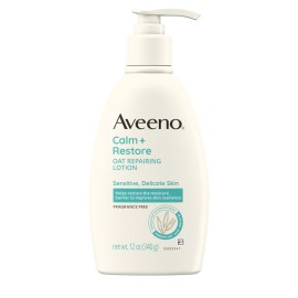 Aveeno Calm + Restore Oat Repairing Body Lotion for Sensitive Skin, Daily Moisturizer with Prebiotic Oat, Aloe & Pro-Vitamin B5 Helps Restore Skin\'s Moisture Barrier, Fragrance Free, 12 oz