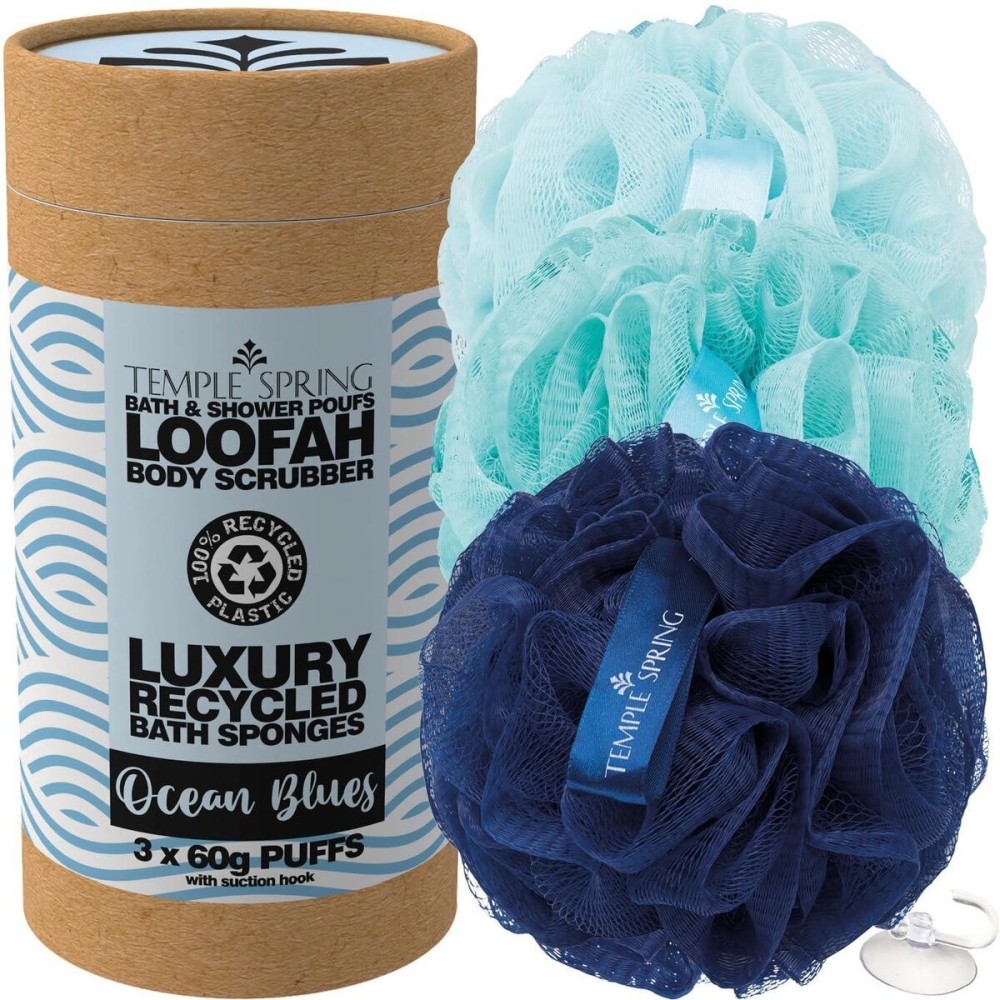 Temple Spring Recycled Luffa Sponge, Bathroom Shower Accessories, Loofa Bath Sponge, Exfoliating Body Scrubber Exfoliator Pouf, Shower Scrubber Puff, Poof, Loofah for Women, Loofah for Men -Ocean Blue Temple Spring Recycled Luffa Sponge, Bathroom Shower Accessories, Loofa Bath Sponge, Exfoliating Body Scrubber Exfoliator Pouf, Shower Scrubber Puff, Poof, Loofah for Women, Loofah for Men -Ocean Blue