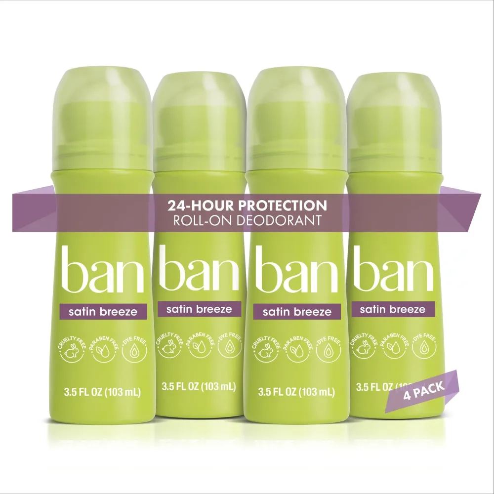 Ban Invisible Roll-on Antiperspirant Deodorant for Women and Men, 24-hour Underarm Odor & Sweat Protection, Satin Breeze, 3.5 Oz, Pack of 4 Ban Invisible Roll-on Antiperspirant Deodorant for Women and Men, 24-hour Underarm Odor & Sweat Protection, Satin Breeze, 3.5 Oz, Pack of 4