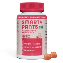 SmartyPants Adult Probiotic & Prebiotic Gummies for Digestive Health: 6 Billion CFU Gut Health Supplement, Clinically Studied Prebiotic for Immune Support, Strawberry, 60 Count (30 Day Supply)