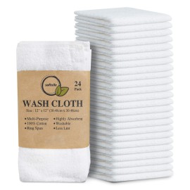 Softolle 100% Cotton Ring Spun Wash Cloths Pack of 24 (12x12 Inches)- Bulk Pack of Washcloths - Wash Cloth for Face, Highly Absorbent, Soft and Face Towels (White)