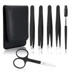 UUBAAR 6 PCS Professional Tweezers Set - Stainless Steel Precision Tweezer Kit for Eyebrows, Facial Hair, Ingrown Hair & Splinter Removal with Travel Case (Black)