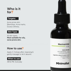 Minimalist 10% Niacinamide Serum for Acne Control & Oil Balancing with Zinc | Pore Minimizer for Face | Clears Acne Marks & Blemishes for Even Skin Tone | For Women & Men | 1 Fl Oz / 30 ml Minimalist 10% Niacinamide Serum for Acne Control & Oil Balancing with Zinc | Pore Minimizer for Face | Clears Acne Marks & Blemishes for Even Skin Tone | For Women & Men | 1 Fl Oz / 30 ml