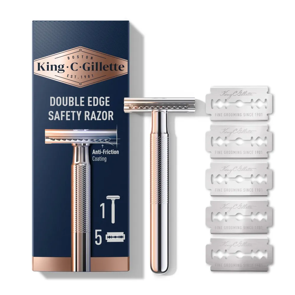 King C. Gillette Safety Razor with Chrome Plated Handle and 5 Platinum Coated Double Edge Safety Razor Blade Refills King C. Gillette Safety Razor with Chrome Plated Handle and 5 Platinum Coated Double Edge Safety Razor Blade Refills