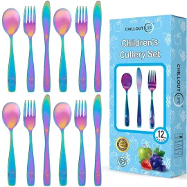12 Piece Stainless Steel Kids Silverware Set - Child and Toddler Safe Flatware - Kids Utensil Set - Metal Kids Cutlery Set Includes 4 Small Kids Spoons, 4 Forks & 4 Knives - UV Rainbow