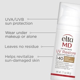 EltaMD UV Restore Tinted Sunscreen for Face SPF 40, Tinted Mineral Sunscreen for Sun Damaged Skin Repair Face, Anti Aging Zinc Oxide Moisturizer Formula, 1.7 oz EltaMD UV Restore Tinted Sunscreen for Face SPF 40, Tinted Mineral Sunscreen for Sun Damaged Skin Repair Face, Anti Aging Zinc Oxide Moisturizer Formula, 1.7 oz