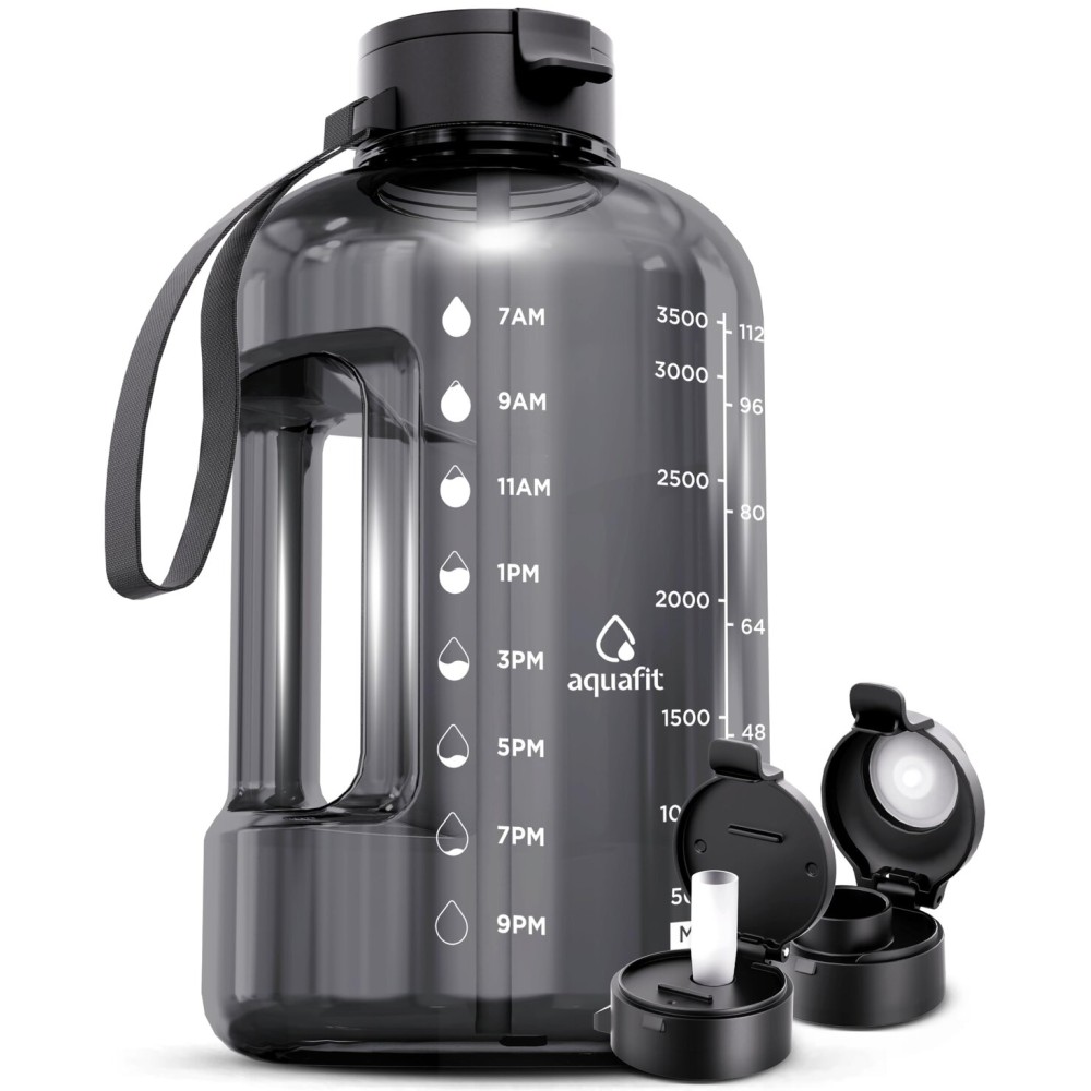 AQUAFIT 1 Gallon Water Bottle with Time Marker - Straw & Chug Lid - BPA Free Big Water Bottle with Straw - Gym Water Bottle with Handle - Gallon Water Jug (128 Ounces, Gray)