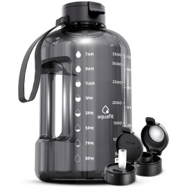 AQUAFIT 1 Gallon Water Bottle with Time Marker - Straw & Chug Lid - BPA Free Big Water Bottle with Straw - Gym Water Bottle with Handle - Gallon Water Jug (128 Ounces, Gray)