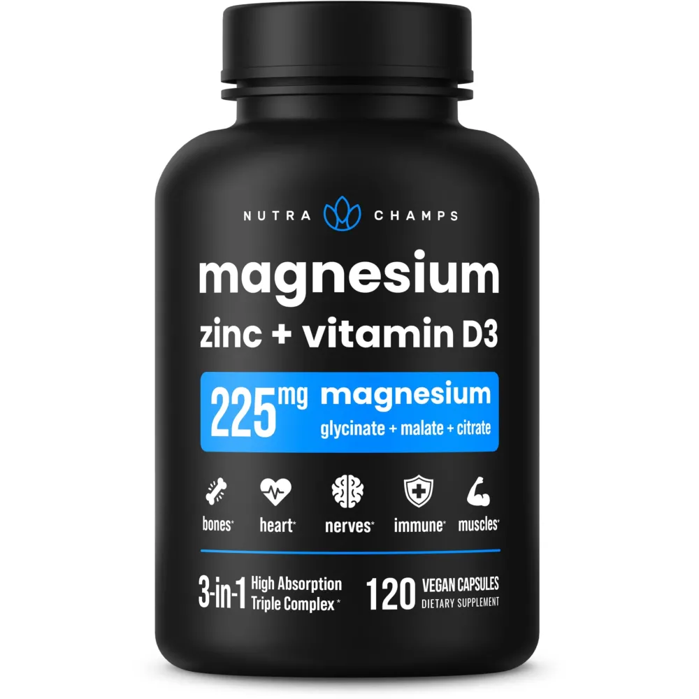NutraChamps Magnesium Zinc & Vitamin D3 Supplement - Most Bioavailable Forms; Magnesium Glycinate, Malate, Citrate - Bone, Muscle & Heart Health, Immune Support - 120 Vegan Capsules NutraChamps Magnesium Zinc & Vitamin D3 Supplement - Most Bioavailable Forms; Magnesium Glycinate, Malate, Citrate - Bone, Muscle & Heart Health, Immune Support - 120 Vegan Capsules