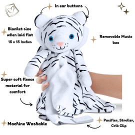 Musical Baby Lovey White Tiger - White Noise & Lullaby Plush - Calms Fussy Babies, Reduces Night Wakeups & Helps Toddlers Sleep Longer - Proven Sleep Aid - BPA-Free, Machine Washable, Newborn Gift