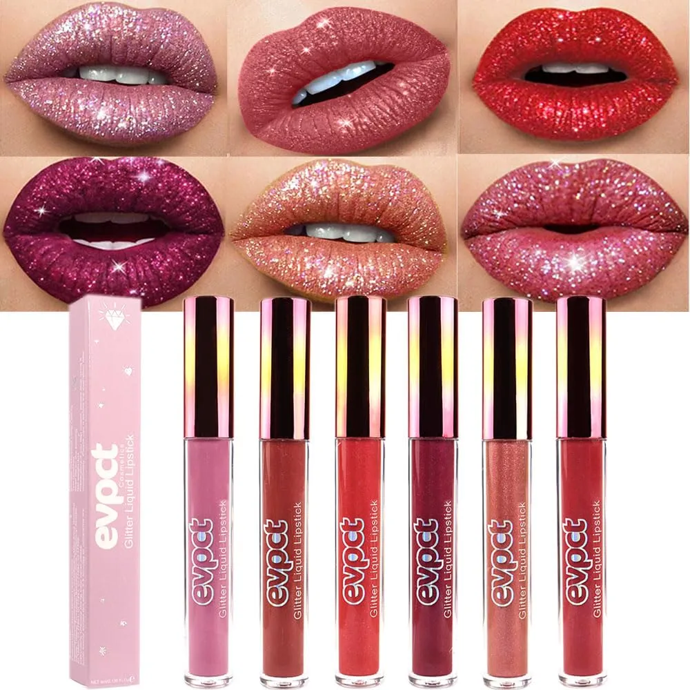 evpct 6Pcs Diamond Lip Gloss Matte to Glitter Liquid Lipstick Waterproof, Metallic Metal Shimmer Liquid Diamond Glitter Sparkle Sparkling Lipstick Lip Gloss Sets for Women Lips Kit, glitter+lipstick evpct 6Pcs Diamond Lip Gloss Matte to Glitter Liquid Lipstick Waterproof, Metallic Metal Shimmer Liquid Diamond Glitter Sparkle Sparkling Lipstick Lip Gloss Sets for Women Lips Kit, glitter+lipstick