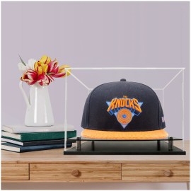 WANLIAN Clear Hat Display Case, Acrylic Baseball Cap Holder Stand with Stainless Steel Risers, Perfect for Sports Caps & Mini Helmets (8.6x7.9x7inch, L*W*H)