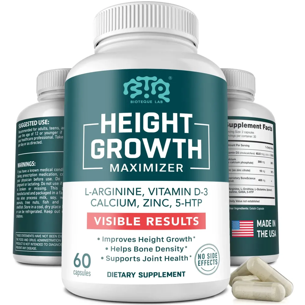BIOTEQUELAB Height Growth Maximizer, Calcium, Vitamin D3 and Zinc Blend Pills, Bone Growth Supplement for Kids and Teens, Bone Strength, Density Support, GMO-Free, Gluten-Free, Made in USA, 60 Caps BIOTEQUELAB Height Growth Maximizer, Calcium, Vitamin D3 and Zinc Blend Pills, Bone Growth Supplement for Kids and Teens, Bone Strength, Density Support, GMO-Free, Gluten-Free, Made in USA, 60 Caps