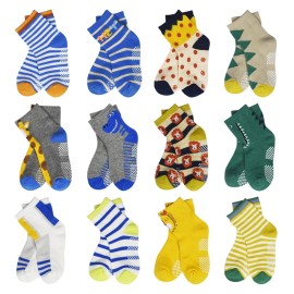HYCLES Anti Slip Toddler Socks, 12 Pairs Non-Skid Cotton Grip Kid Socks for 3-5T Kids Boy Girl