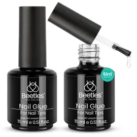beetles Gel Polish 5 In 1 Nail Glue Kit for Acrylic Nails,2 Pcs 15ml Super Strong Brush in Nail Gel Glue for False Nails Tips and Gel Nail Polish Led Lamp Required Nail Art Gift