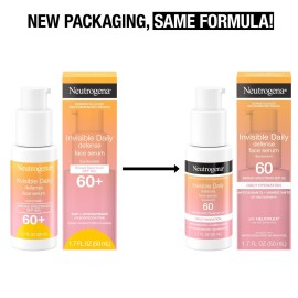 Neutrogena Invisible Daily Defense Face Sunscreen + Hydrating Serum with Broad Spectrum SPF 60 & Antioxidants to Help Skin Glow, Oil-Free, Fragrance Free, 1.7 fl. oz Neutrogena Invisible Daily Defense Face Sunscreen + Hydrating Serum with Broad Spectrum SPF 60 & Antioxidants to Help Skin Glow, Oil-Free, Fragrance Free, 1.7 fl. oz