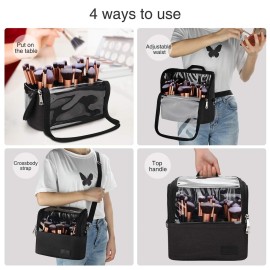 Makeup Brush Case Stand-up Makeup Cup Makeup Brush Holder Travel Professional Cosmetic Bag Artist Storage Bag Large Makeup Brush Bag with Adjustable Divider (Large, Black)