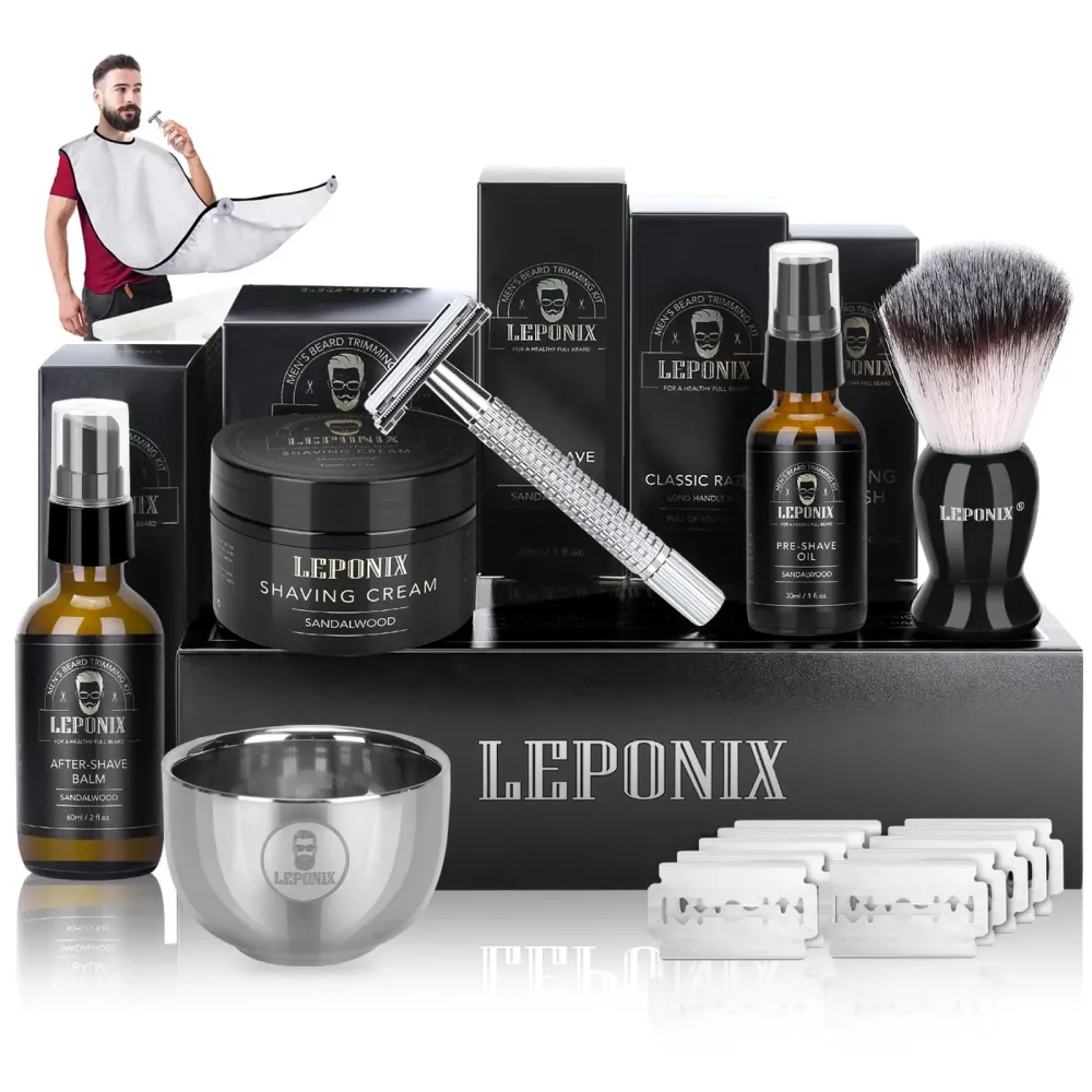 Shaving Kit for Men, Include Safety Razor, Sandalwood Cream, aftershave, Pre Shave Oil, Shaving Brush and Bowl, Shaving Apron Bib -Unique Gifts for Him Stocking Stuffers Shaving Kit for Men, Include Safety Razor, Sandalwood Cream, aftershave, Pre Shave Oil, Shaving Brush and Bowl, Shaving Apron Bib -Unique Gifts for Him Stocking Stuffers