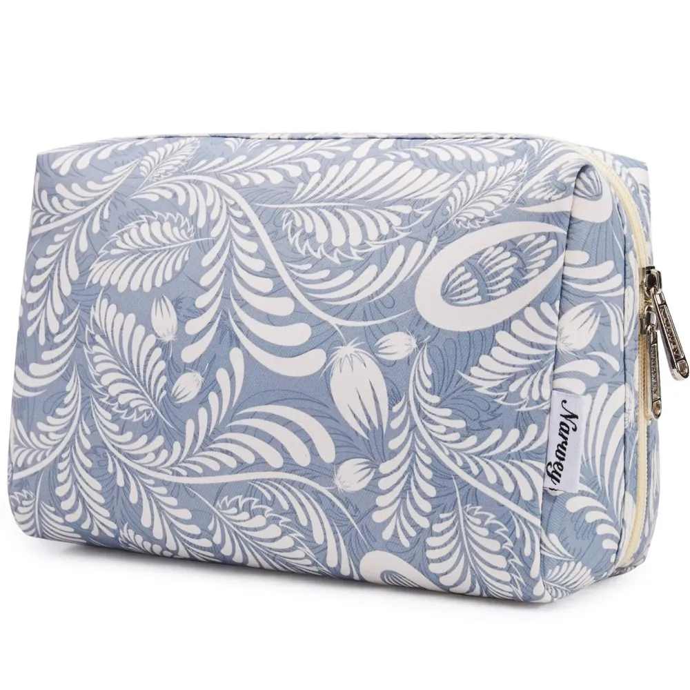 Narwey Cute Makeup Bag Travel Cosmetic Bag Organizer Toiletry Bag Make Up Bags with Compartments for Women Girls (Large, Blue Leaf) Narwey Cute Makeup Bag Travel Cosmetic Bag Organizer Toiletry Bag Make Up Bags with Compartments for Women Girls (Large, Blue Leaf)