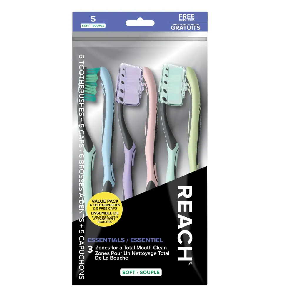 Reach Essentials Toothbrush with Toothbrush Caps, Multi-Zoned Angled Soft Bristles, Contoured Handle, Tongue Scraper, 6 Count Reach Essentials Toothbrush with Toothbrush Caps, Multi-Zoned Angled Soft Bristles, Contoured Handle, Tongue Scraper, 6 Count