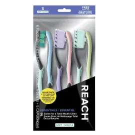 Reach Essentials Toothbrush with Toothbrush Caps, Multi-Zoned Angled Soft Bristles, Contoured Handle, Tongue Scraper, 6 Count