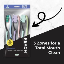 Reach Essentials Toothbrush with Toothbrush Caps, Multi-Zoned Angled Soft Bristles, Contoured Handle, Tongue Scraper, 6 Count Reach Essentials Toothbrush with Toothbrush Caps, Multi-Zoned Angled Soft Bristles, Contoured Handle, Tongue Scraper, 6 Count