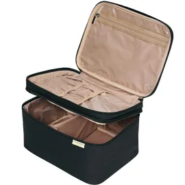 NISHEL Large Double Layer Travel Makeup Bag Women, Cosmetic Case, Organizer for Travel-Size Accessories Bottles, Brushes, Conditioner, and Skin Care Products, Black