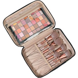 NISHEL Large Double Layer Travel Makeup Bag Women, Cosmetic Case, Organizer for Travel-Size Accessories Bottles, Brushes, Conditioner, and Skin Care Products, Black