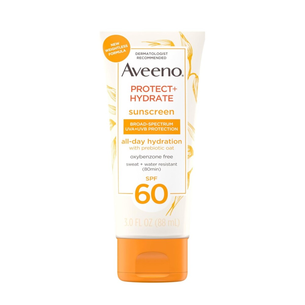 Aveeno Protect + Hydrate Moisturizing Body Sunscreen Lotion with Broad Spectrum SPF 60 & Prebiotic Oat, Weightless & Refreshing Feel, Paraben-Free, Oil-Free, Oxybenzone-Free, 3.0 fl. oz Aveeno Protect + Hydrate Moisturizing Body Sunscreen Lotion with Broad Spectrum SPF 60 & Prebiotic Oat, Weightless & Refreshing Feel, Paraben-Free, Oil-Free, Oxybenzone-Free, 3.0 fl. oz