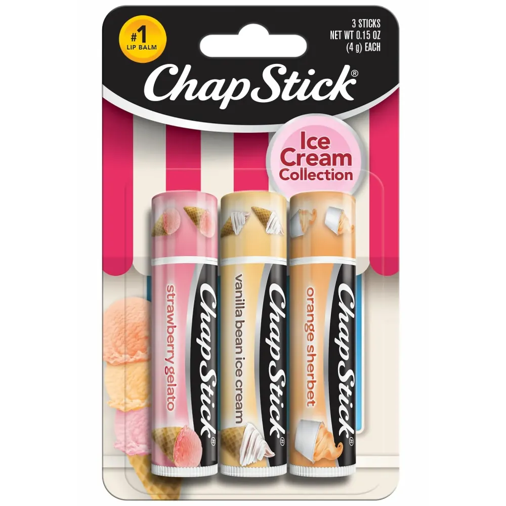 ChapStick Lip Care Set, Ice Cream Collection 3-Pack - Strawberry Gelato, Vanilla Bean Ice Cream, Orange Sherbet Lip Balm, 0.15 Oz Ea ChapStick Lip Care Set, Ice Cream Collection 3-Pack - Strawberry Gelato, Vanilla Bean Ice Cream, Orange Sherbet Lip Balm, 0.15 Oz Ea