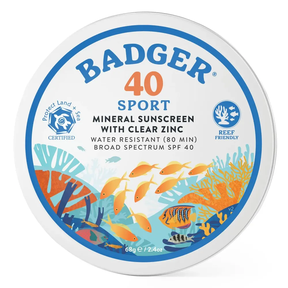 Badger Reef Safe Sunscreen Tin, Unscented SPF 40 Sport Mineral Sunscreen, 98% Organic, 80min Water Resistant Travel Size Hawaii Approved, 2.4 oz Tin Badger Reef Safe Sunscreen Tin, Unscented SPF 40 Sport Mineral Sunscreen, 98% Organic, 80min Water Resistant Travel Size Hawaii Approved, 2.4 oz Tin