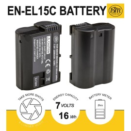 BM Premium EN-EL15C High Capacity Battery for Nikon Zf, Z5, Z6, Z6 II, Z7, Z7II, Z8, D780, D850, D7500, 1 V1, D500, D600, D610, D750, D800, D800E, D810, D810A, D7000, D7100, D7200 Cameras