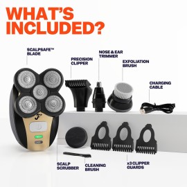 Freebird FlexSeries Electric Head & Body Hair Shaver - Mens Cordless Rechargeable Wet/Dry Skull Bald Head Back & Groin Waterproof Razor with Rotary Blades, Clippers, Nose Trimmer, Brush, Massager